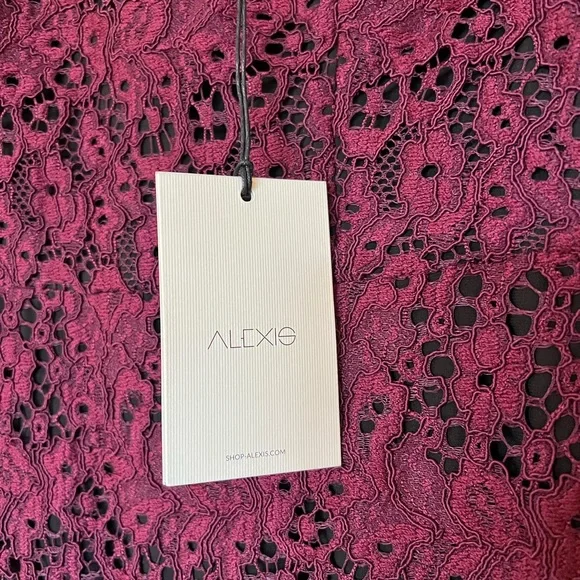NWT Alexis Sophie Burgundy Lace Off Shoulder Tie Shoulder Dress. Small - Picture 11 of 14